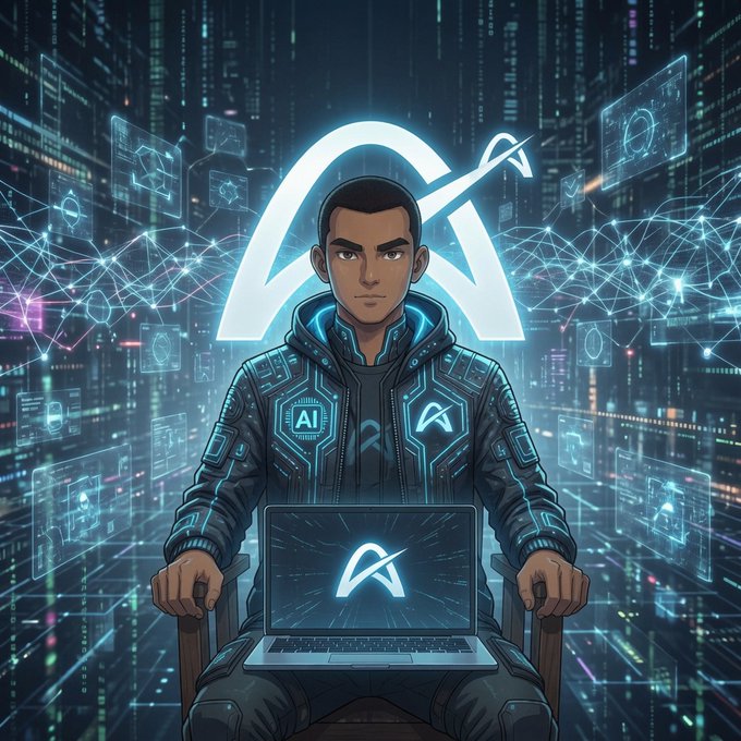 The image features a man sitting in front of an open laptop, wearing a black jacket with "AI agents" written on it. The scene takes place in a futuristic setting where AI agents are depicted as autonomous economic actors that require infrastructure matching their software speed for predictable costs and sub-second deterministic finality for real-time execution. The image also includes the text "USDC-based gas for predictable costs → Sub-second deterministic finality for real-time execution → Programmable".