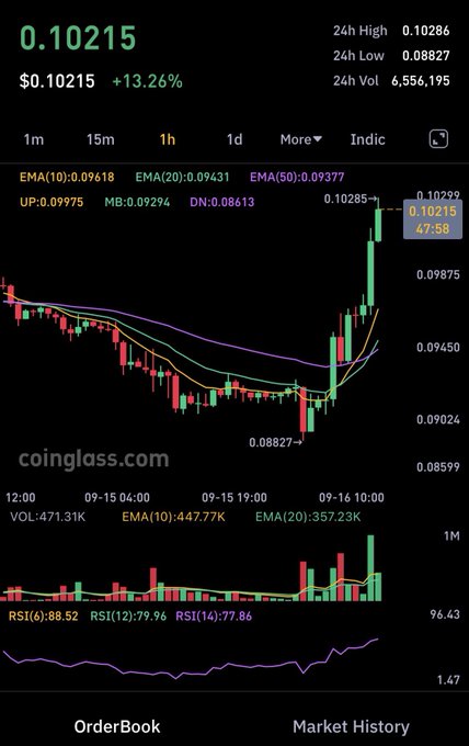 A cryptocurrency trading chart from Coinglass showing a price of $0.10215 with a +13.26% gain, featuring EMA, MB, DN indicators and an RSI of 88.52 over a 1-hour timeframe.