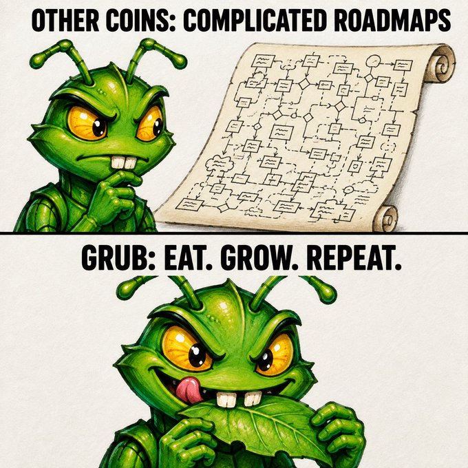 A meme contrasting 'OTHER COINS: COMPLICATED ROADMAPS' showing a green alien looking confused at a flowchart, with 'GRUB: EAT. GROW. REPEAT.' showing the same alien happily eating a leaf.