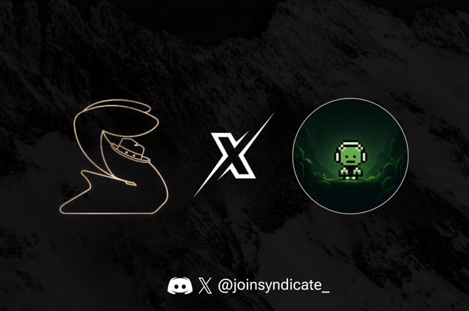 A promotional graphic featuring an X (Twitter) logo between two pixel art NFT-style characters with the handle '@joinsyndicate_' displayed at the bottom.