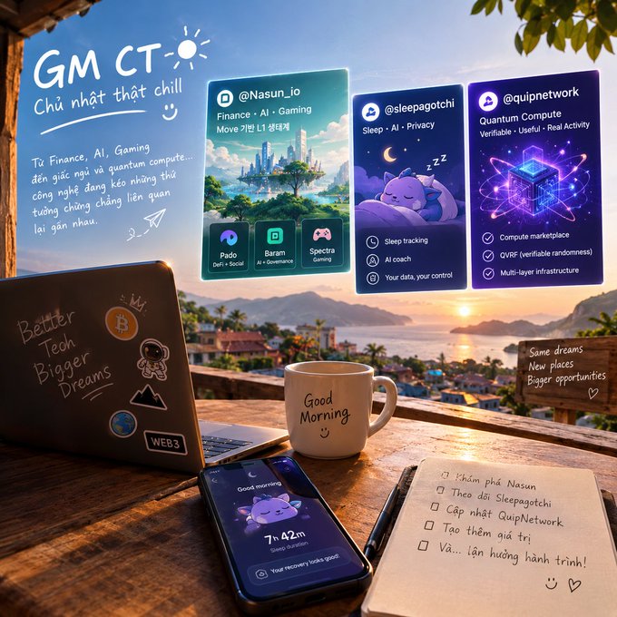 A 'GM CT' (Good Morning Crypto) graphic showcasing projects like @Nasun_io (Finance/AI/Gaming), @sleepagotchi (Sleep/AI), and @quipnetwork (Quantum Compute), displayed over a coastal desk scene with a laptop, coffee mug, and phone.