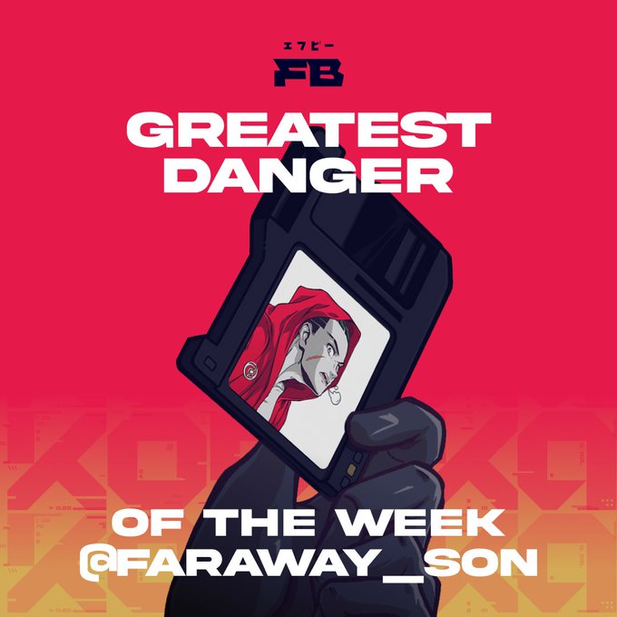The image is a stylized graphic featuring a gloved hand holding a smartphone displaying a hooded character with a "1" chain, set against a vibrant red and orange background. The text reads "GREATEST DANGER OF THE WEEK @FARAWAY_SON" along with an "FB" logo and Japanese characters, visually promoting the awarded Soulbound token recipient.