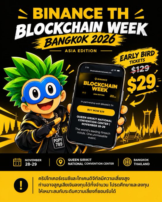 An event poster for 'BINANCE TH BLOCKCHAIN WEEK BANGKOK 2026' on November 28-29 at the Queen Sirikit National Convention Center, advertising early bird tickets for $29.