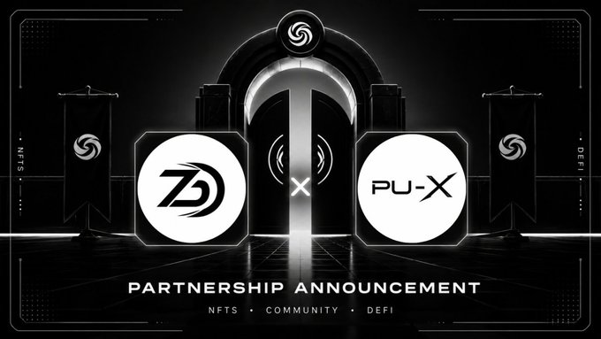 A partnership announcement graphic featuring two logos (ZD and PU-X) with the text "PARTNERSHIP ANNOUNCEMENT" and "NFTS · COMMUNITY · DEFI" below.