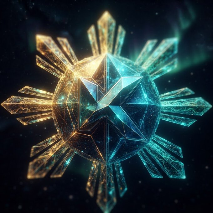 A highly detailed, glowing digital artwork of a multifaceted star or crystal formation floating in space, featuring a central star shape surrounded by radiating crystal shards in shades of teal, blue, and gold.