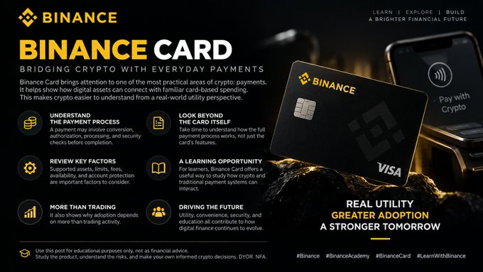 The image is a Binance educational infographic promoting the **Binance Card**, featuring a black Visa card with the Binance logo alongside a smartphone displaying "Pay with Crypto." It outlines key points such as understanding the payment process, reviewing key factors like supported assets and security, and driving the future of crypto adoption, with hashtags #Binance, #BinanceAcademy, and #BinanceCard at the bottom. The infographic visually reinforces the post's message by emphasizing the real-world utility of using crypto for everyday card-based payments.