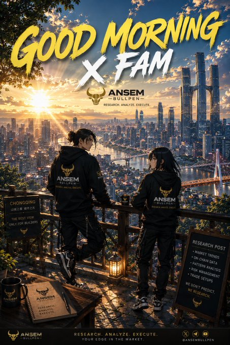A stylized illustration shows two figures in 'ANSEM BULLPEN' branded hoodies overlooking a river and skyline, with text reading 'GOOD MORNING X FAM', 'CHONGQING', and 'RESEARCH. ANALYZE. EXECUTE. YOUR EDGE IN THE MARKET.'