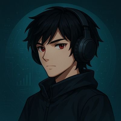 An anime-style illustration of a young man with messy black hair, red eyes, and black headphones wearing a dark hoodie against a teal background.