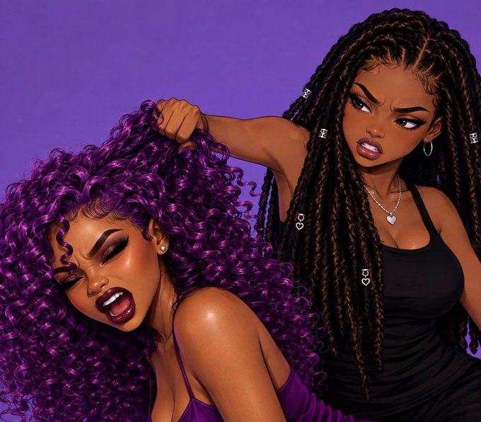 A stylized digital illustration of two Black women with elaborate hairstyles—one with voluminous purple curls and the other with long dark braids—against a purple background.
