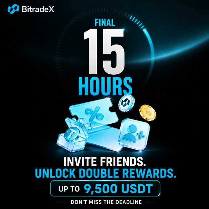 A promotional graphic from BitradeX featuring a countdown of "FINAL 15 HOURS" above blue glass-like gift and reward icons, with the text "INVITE FRIENDS. UNLOCK DOUBLE REWARDS. UP TO 9,500 USDT" displayed prominently against a dark background, reinforcing the urgency of the referral campaign mentioned in the post.