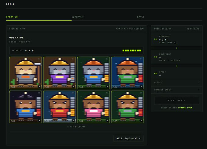 A web interface for a 'DRILL' session showing a grid of pixelated NFT operators (8/8 selected), with a 'START DRILL' option and 'DRILL SYSTEM COMING SOON' text.