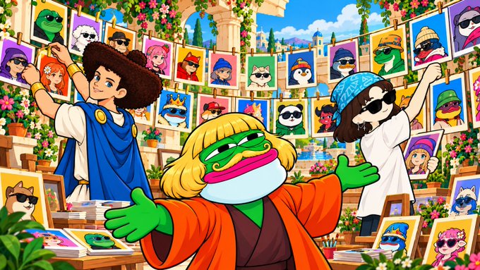 A vibrant digital artwork showing a market scene with a green Pepe-style character wearing a blonde wig and orange robe, surrounded by portraits of other frog characters and human figures in ancient Greek-style attire.