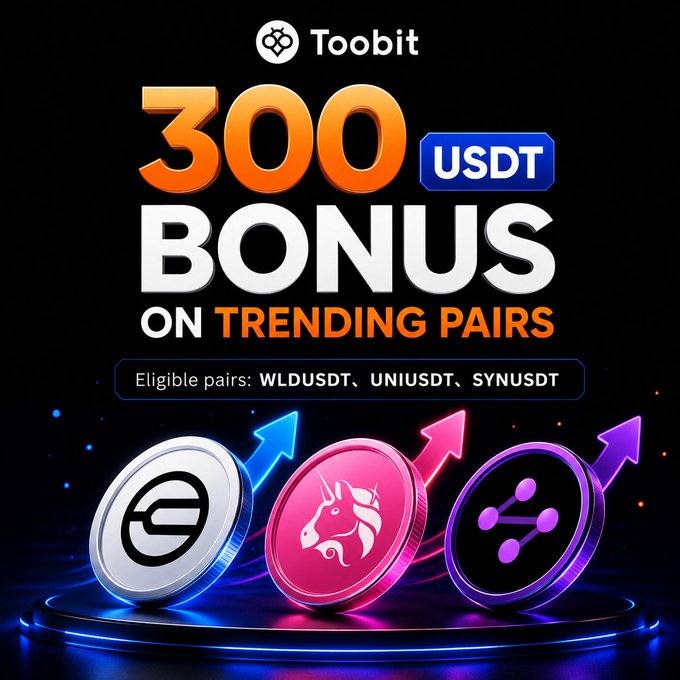 A Toobit promotional graphic advertises a 300 USDT bonus on trending trading pairs WLDUSDT, UNIUSDT, and SYNUSDT, featuring the Toobit logo and three stylized 3D coin icons with upward arrows representing each cryptocurrency, visually reinforcing the message of unlocking trading rewards.