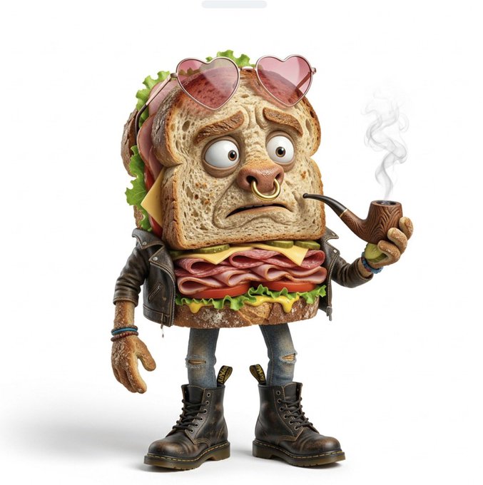 The image features a cartoon depiction of a sandwich, which appears to be wearing sunglasses and holding a pipe. The sandwich has a sad expression as if it's crying or sulking. The background of the image is white, making the sandwich stand out even more. There are no texts present in the image, but there is a caption that reads "Just collected BRAINROT by @nuclearsamurai on @verse_works verse.works/items/verse/7d". This caption seems to be related to the image of the cartoon sandwich and its sad expression.