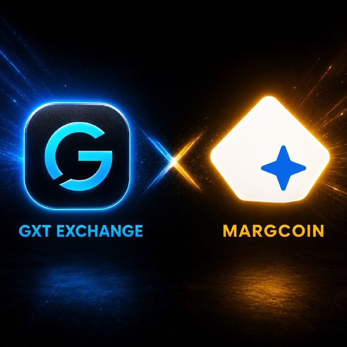 A promotional graphic showcasing the partnership between GXT Exchange and Margcoin, featuring their logos illuminated in glowing blue and orange against a dark background, with an "X" formed by light between them symbolizing the collaboration.