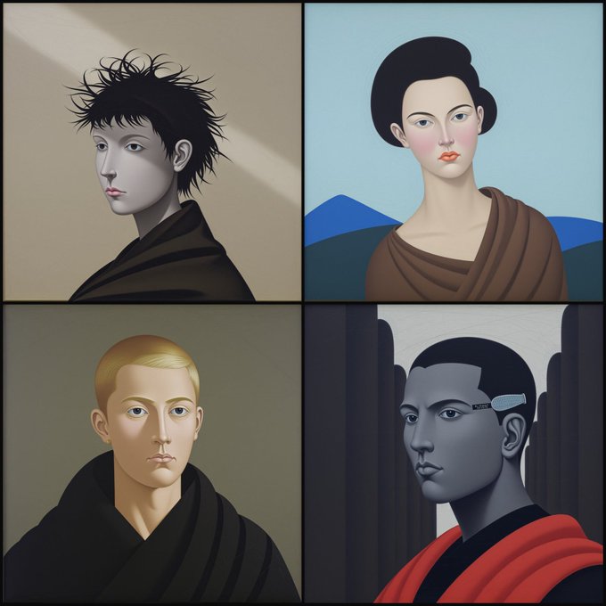 A four-panel portrait grid featuring stylized illustrations of different individuals with varying hairstyles and expressions.