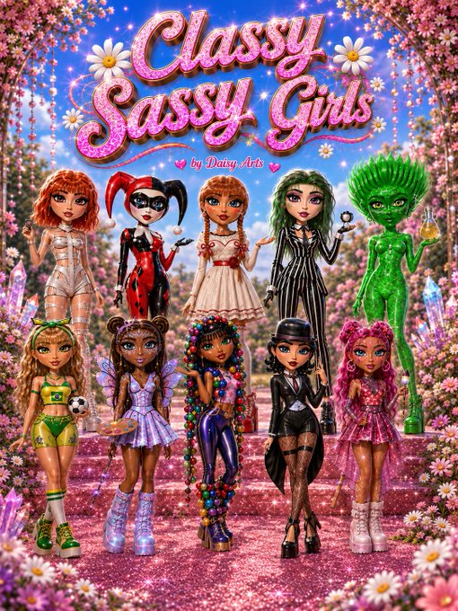 A vibrant pink-themed promotional poster titled "Classy Sassy Girls by Daisy Arts" featuring ten stylized female doll-like characters with diverse appearances arranged on steps surrounded by flowers and sparkles.