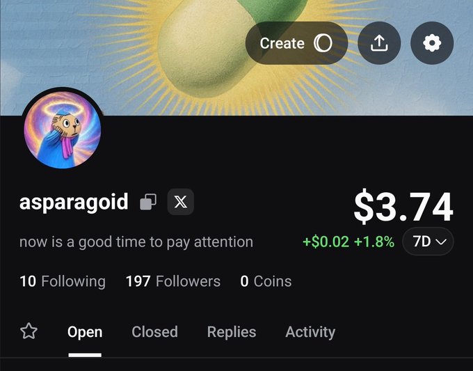A user profile for 'asparagoid' on a social/crypto platform with the bio 'now is a good time to pay attention', showing $3.74 (+1.8%) and 197 followers.