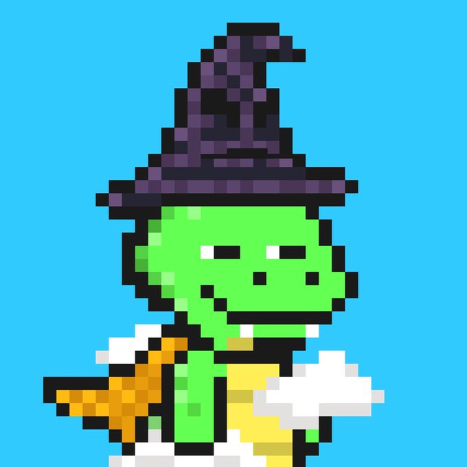 A pixel art illustration of a green-skinned witch wearing a dark pointed hat, set against a bright blue background.