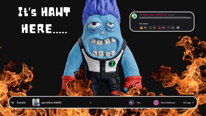 An NFT listing on what appears to be OpenSea showing a blue clay-like character figure with the text 'It's HAWT HERE......' overlaid on flames, titled 'just100ns #3946' from the collection 'Odd Mattos (WILL NEVER DIE)'.
