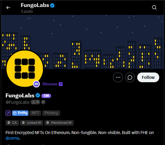 A Twitter/X profile screenshot for the verified account "FungoLabs" (@FungoLabs) with 136 followers, featuring a yellow building logo, banner with a nighttime cityscape, and bio text reading "First Encrypted NFTs On Ethereum. Non-fungible. Non-visible. Built with FHE on @zama."