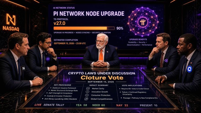 A news broadcast scene featuring panelists in suits discussing 'PI NETWORK NODE UPGRADE v27.0' and 'CRYPTO LAWS UNDER DISCUSSION Cloture Vote', with a NASDAQ-style logo and Senate tally showing YEA 58, NAY 32.