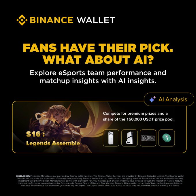 A Binance Wallet promotional graphic announces, “Fans have their pick. What about AI?” and invites users to explore eSports team performance and matchup insights with AI analysis. It highlights the S16 “Legends Assemble” LoL Worlds tournament, a 150,000 USDT prize pool, and notes that Binance Wallet is not the organizer or guarantee of prizes.