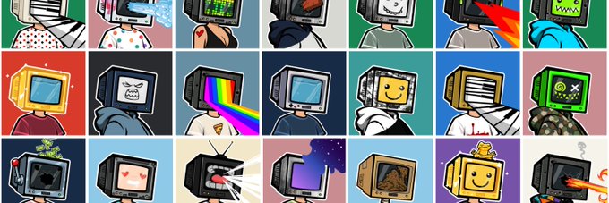 A grid of cartoon characters features people with old-fashioned television sets or computer monitors for heads, each displaying different expressions or imagery.
