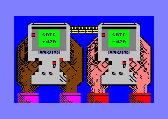 A retro-style pixel art illustration shows two pairs of hands holding Ledger devices displaying 'SBTC +420' and 'SBTC -420' on their screens, connected by arrows.