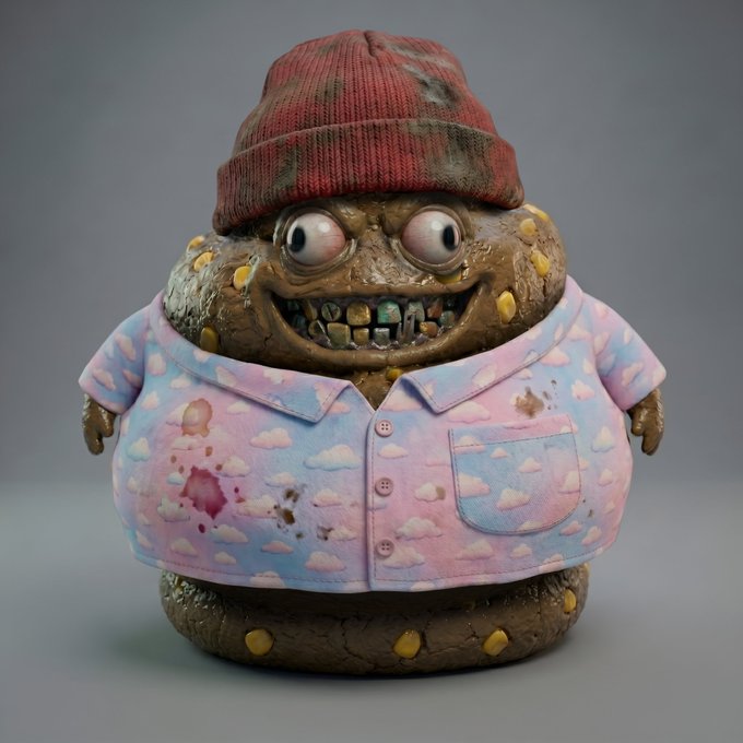 A digitally rendered figure of a round, mud-covered creature with bulging eyes, a red beanie, and a pink cloud-patterned shirt, featuring pixelated teeth.
