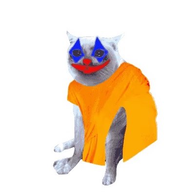 A cat wearing an orange shirt is shown with clown-style makeup, featuring a blue diamond over one eye and a red painted smile.