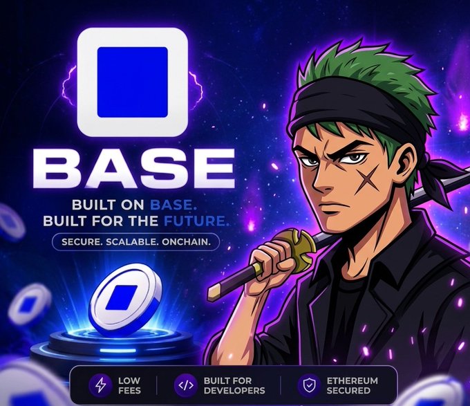 The image is a cartoon character wearing a hat holding a sword, standing against a purple background with blue coins scattered around him. The caption reads "How is it going everyone gmorning?? What'S your plan today regarding @bade Me: 1. Trade on Base 2. Post on Base 3. Agent run on Base 4. Recruitment on Base Everything OK Base is very creative".