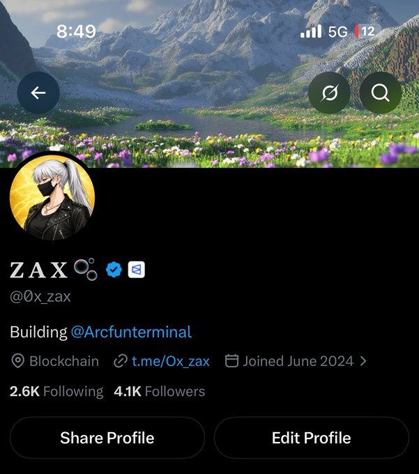 A Twitter/X profile page for user "ZAX" (@0x_zax) displays their banner image of a mountain landscape, a profile picture of a white-haired anime character wearing a mask, and shows they have 4.1K followers with the bio "Building @Arcfunterminal" — context for the post celebrating reaching a follower milestone of 900 more followers needed, likely tied to a Polymarket bet.