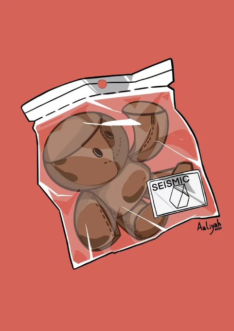 A digital illustration by 'Aaliyah 2025' showing a brown plush dog toy sealed inside a clear plastic bag labeled 'SEISMIC' against a red background.