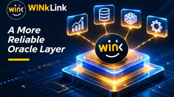 A WINkLink promotional graphic reads “A More Reliable Oracle Layer” and displays the WINkLink logo with icons for analytics, data storage, randomness, and settings.