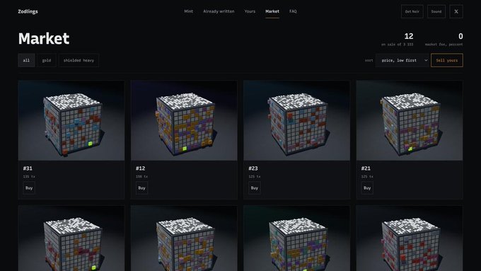 The image displays a NFT marketplace interface titled "Market" on the Zodiings website, showcasing 12 cubes for sale (out of 131) with 0 market fee support, featuring cube items numbered #31, #12, #23, and #21 priced at 125 tx each. This relates to the post by demonstrating the marketplace launch, emphasizing the team's commitment to delivering a functional platform rather than abandoning the project.