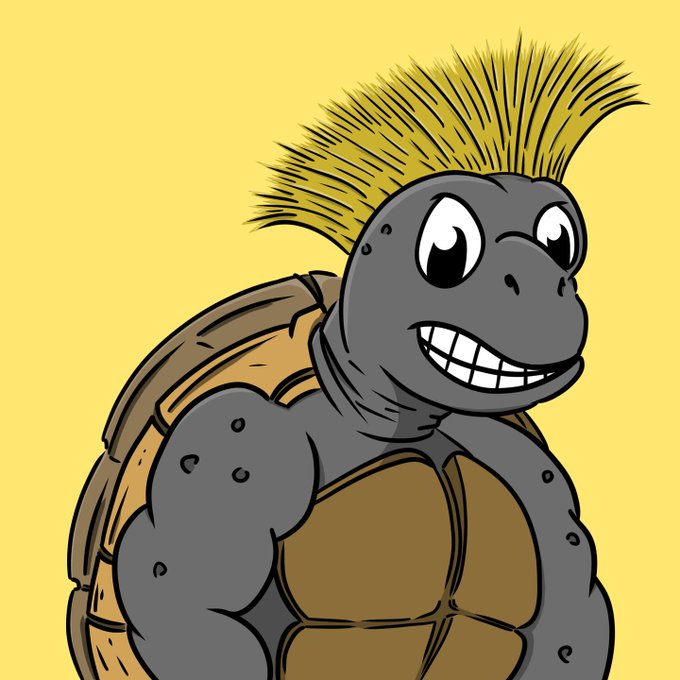 A cartoon illustration of a muscular anthropomorphic turtle with a gray face, spiky hair, and a wide toothy grin set against a yellow background.