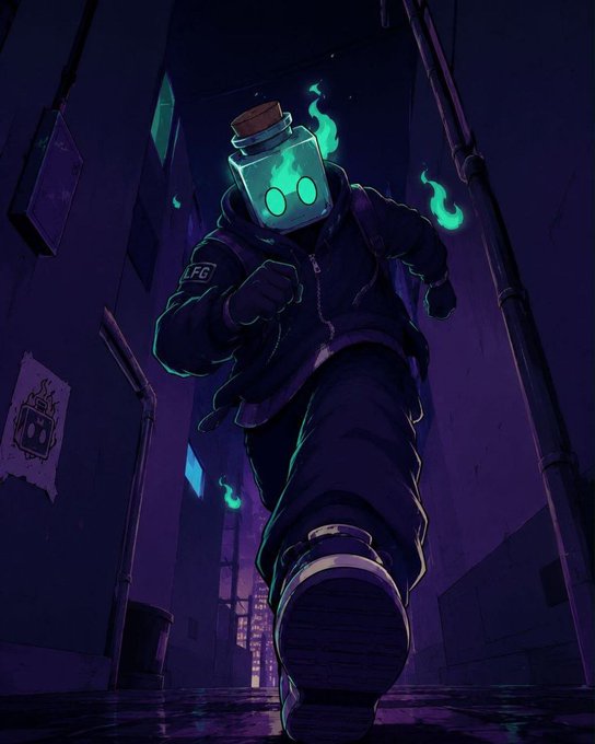 A stylized illustration of a figure with a glowing jar for a head containing green flames, walking through a dark, purple-lit alleyway.