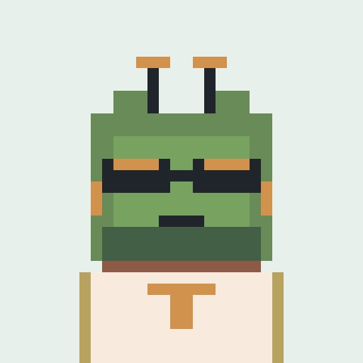 A pixel art character with green skin, sunglasses, and two antennae on its head, wearing a white shirt with a 'T' on it against a light background.