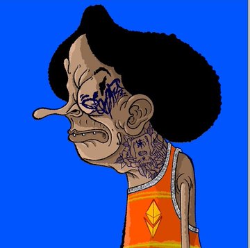 A cartoon character with a long pointed nose, exaggerated facial features, and black hair stands against a blue background, wearing an orange tank top featuring a yellow Ethereum (ETH) logo on the chest. The artwork reflects the post's sentiment about a growing NFT-style "GoofsFreaks" collection, showcasing a quirky character that adds personality to the creator's expanding digital world.