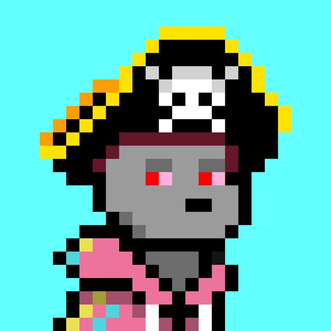 A pixel art character wearing a black pirate hat with a white skull emblem, featuring red/pink eyes and a pink outfit against a teal background.