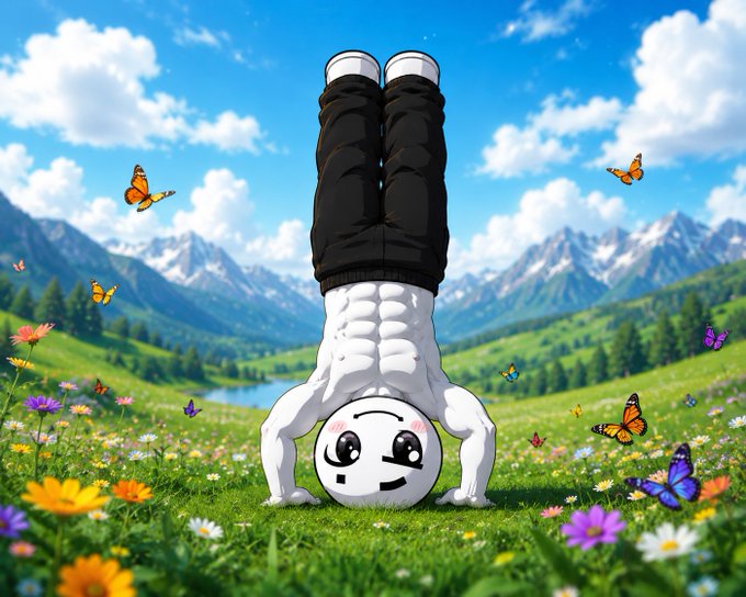 A cartoon character does a headstand in a vibrant flower-filled meadow with mountains, butterflies, and a lake in the background, symbolizing the post's playful upside-down view of crypto/Web3 engagement tasks like gaining followers and chasing paid likes.