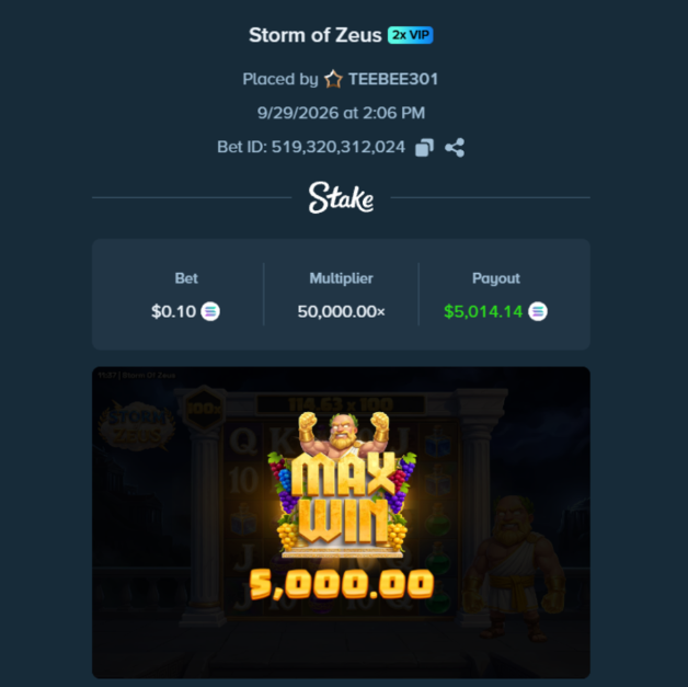 A Stake.com betting slip shows user TEEBEE301 winning a $5,014.14 payout on a $0.10 bet in "Storm of Zeus" with a 50,000x multiplier (Bet ID: 519,320,312,024), accompanied by a screenshot of the game's "Max Win" screen displaying the 5,000.00× multiplier — directly illustrating the post's claim of a 50,000x hit turning a $0.10 bet into a $5,000 win.