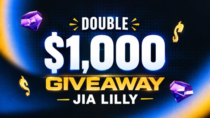 A promotional banner for a "$1,000 GIVEAWAY" hosted by "JIA LILLY," featuring large white dollar amounts flanked by gold dollar signs and purple gem graphics against a dark blue background, designed to attract participants to the Twitter giveaway contest detailed in the post.