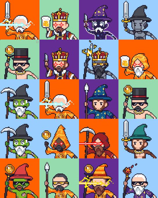A 4x5 grid of pixel art wizard avatars in vibrant orange, green, purple, and blue backgrounds, each depicting a unique character with hats, weapons, and magical elements. The post "Gm ordinals . Gm @TheWizardsOfOrd ." suggests this is a collection of Wizard-themed NFT or Ordinals collectibles, with the pixel art avatars representing the diverse wizard characters from The Wizards Of Ord project.