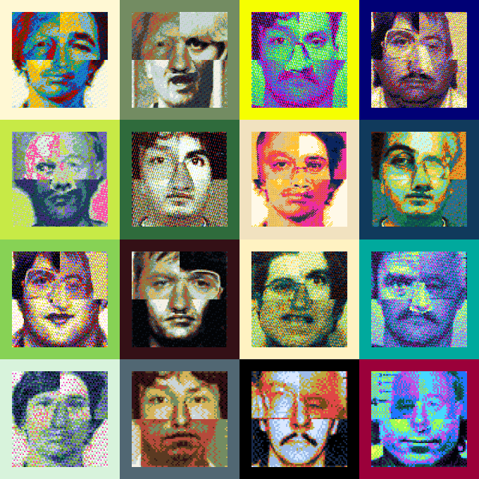 A 4x4 grid of pop-art style portraits showing sixteen faces rendered in vibrant, contrasting hues with halftone dot patterns.