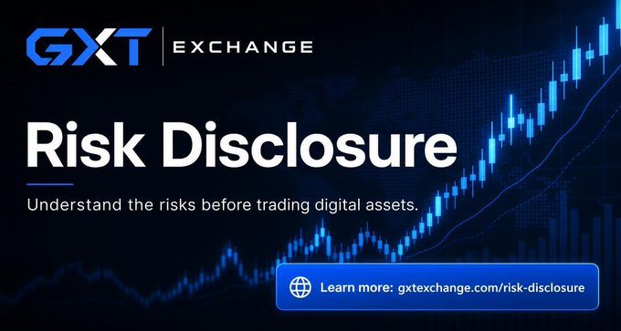 The image is a promotional graphic for GXT Exchange featuring the text "Risk Disclosure" with the tagline "Understand the risks before trading digital assets" and a link to gxtexchange.com/risk-disclosure, set against a blue candlestick chart background representing cryptocurrency trading. It visually reinforces the post's message about staying informed and trading responsibly by directing users to review the platform's risk disclosure before using GXT Exchange.