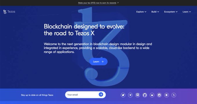 The Tezos homepage features the headline "Blockchain designed to evolve: the road to Tezos X," promoting a modular, cloud-like blockchain backend, with navigation options to Explore, Build, Ecosystem, and Learn. The call to action "Build. Create. Participate." in the accompanying post aligns with the website's "Build" menu, encouraging users to engage with the Tezos platform.