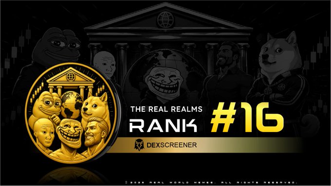 A thumbnail graphic for 'The Real Realms' featuring 'RANK #16' and 'DEXSCREENER', showing various meme characters including a Doge and a Trollface.