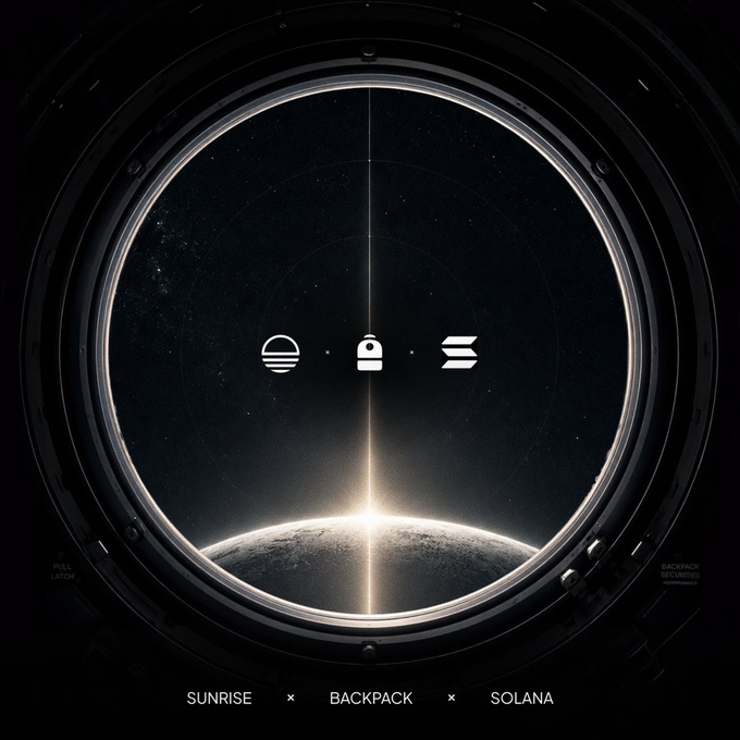 The image shows a view from inside an airplane window at sunrise or sunset, looking out towards space. There is a logo of three planets below the sun, one with Earth, another with Mars, and the third depicting a planet shaped like a star. The planets are set against a black sky filled with stars. Below these planets, there are three tokens for trading in the newly launched tokenized SpaceX shares. In the background, the names "@Backpack", "@Solana", and "SunriseDeFi" can be seen. This scene might evoke feelings of wonder or exploration while also highlighting the potential benefits of investing in innovative space exploration companies like SpaceX.
